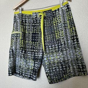 Prana UPF 50+ Board Shorts Swim Trunks Mens Sz 32 Yellow Black Gray Abstract Tie